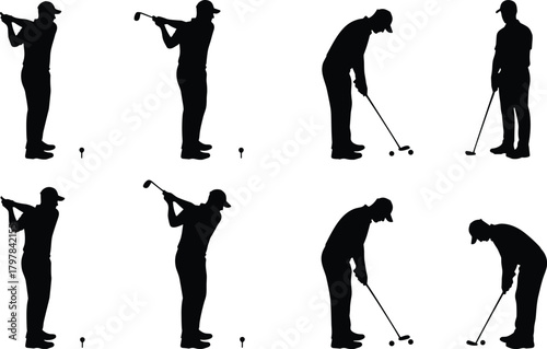 Silhouette golfer practicing swing and putting, professional golf player training, collection of golf poses isolated on white background, sports concept illustration