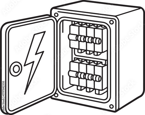 Electrical box with circuit breakers and lightning symbol fuse lightning bolt