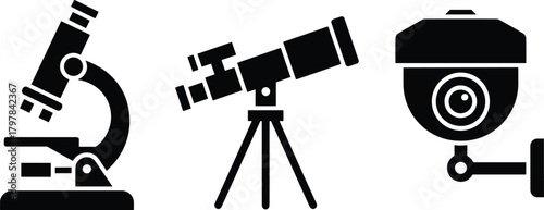 Silhouette, microscope, telescope, surveillance camera, optical instruments, science, astronomy, security, technology, lab, research, observation, equipment, lens, tripod, dome, eyepiece