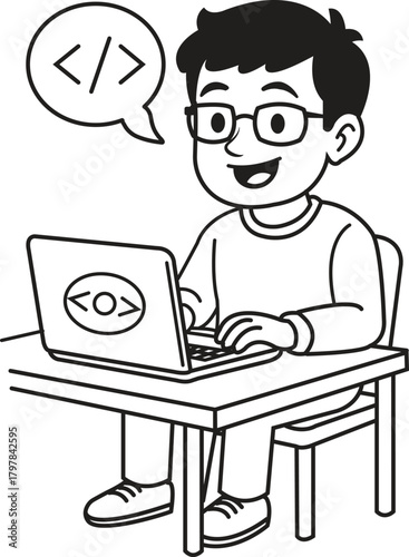 Young coder enthusiastically working on a laptop