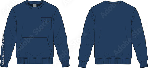 Dark Blue Crewneck Sweatshirt Technical Fashion Flat Sketch Vector with Chest Flap Pocket and Kangaroo Pocket, Front and Back View CAD Drawing.