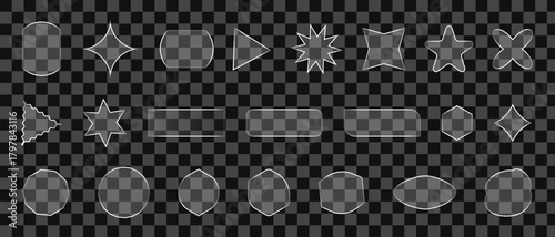 Smooth transparent glass shapes featuring subtle glow effects along the edges, displayed over a dark checkered background. Perfect for sleek UI layouts and contemporary web design