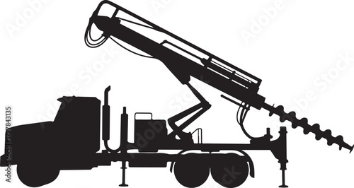 Black truck mounted drill rig with auger black silhouette drilling equipment