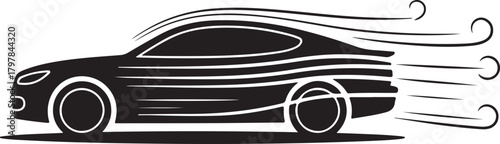Sleek black automobile in motion with wind streaks speed