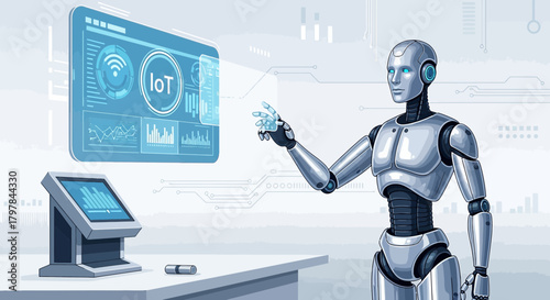 Futuristic Automation: An Illustration of an AI Robot Interacting with IoT Interface and Data