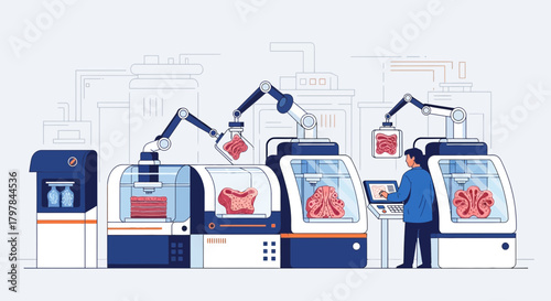 Futuristic cultured meat production with automated robotic systems, illustrating food technology,