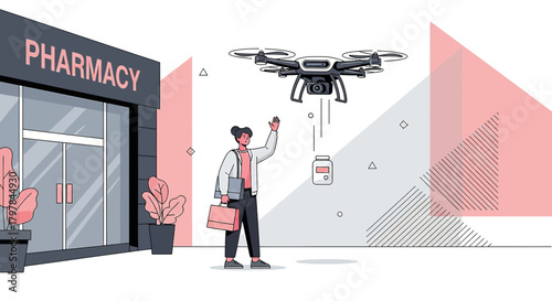 Futuristic healthcare: Drone delivering medicine near pharmacy as convenient service