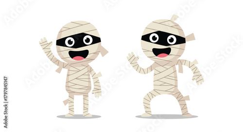 Two friendly pixelated mummies waving hello and dancing with excitement.