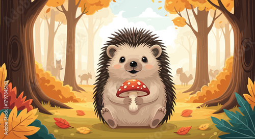 A cute hedgehog sitting in an autumn forest holding a mushroom.