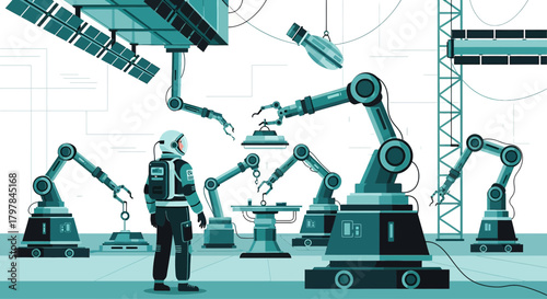 Futuristic industrial landscape featuring an astronaut overseeing robotic arm automation