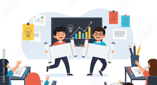 Students enthusiastically present their school project findings in a classroom setting.