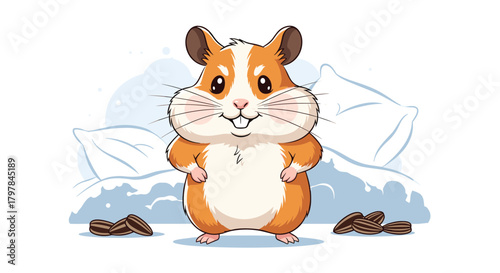 An adorable fluffy hamster standing on its hind legs looking very pleased about something.