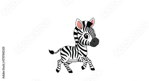 A charming animated cartoon zebra with distinct black and white stripes is gracefully walking.