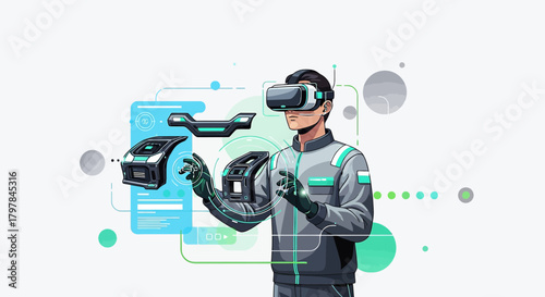Futuristic interface design with a person wearing virtual reality headset interacting with holograms
