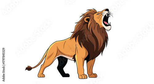 A fierce lion with a majestic mane lets out a powerful roar in a dramatic pose.