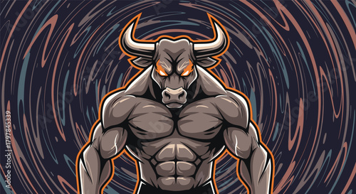 A powerful muscular bull creature with glowing red eyes stands with a determined expression.