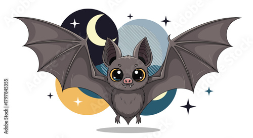 A cute pixel art bat with large eyes and spread wings flies under a starry night sky with celestial orbs.