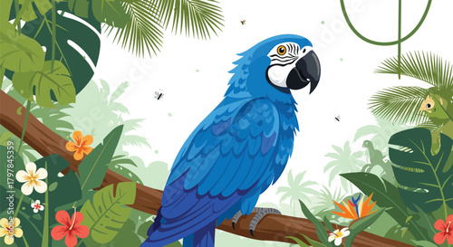 A vibrant blue macaw perches on a jungle branch amidst lush foliage and tropical flowers.