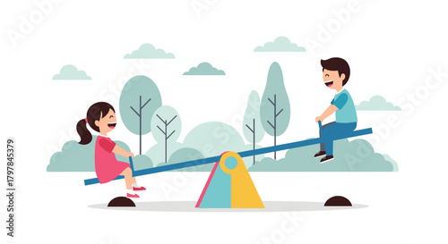 Two children enjoying a playful ride on a seesaw in a park on a bright day.