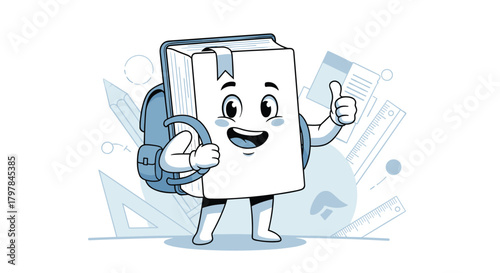 A cartoon box character with a backpack gives a thumbs up.