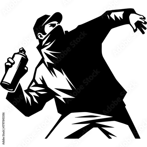 The Act of Defiance: A solitary figure, cloaked in anonymity, hurls a spray can, symbolizing protest and expression in a gritty urban landscape.