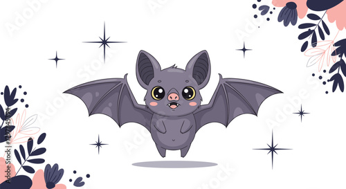 An adorable pixel art bat with large expressive eyes is spread out its wings in a whimsical floral and starry background.