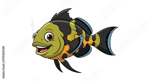 A lively tropical fish with vibrant orange and black stripes swims gracefully.