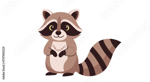 A cute cartoon raccoon with its tail held high stands on a white background.