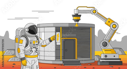 Futuristic lunar base construction: Astronaut supervises robotic arm 3D printing habitat modules
