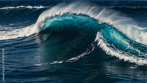 Fototapeta Naklejka Na Ścianę i Meble -  Powerful ocean wave crashing with white foam and deep blue water
