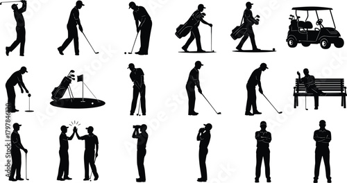 golf, silhouette, swing, putting, cart, club, bag, player, binoculars, phone, stance, high-five, bench, green, vector