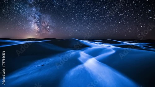 Bioluminescent Waves Under a Starry Night Sky.