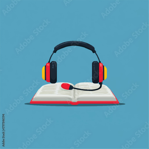 Audiobook concept with open book and headset showcasing education and learning through listening enhancing comprehension and access to knowledge in a digital era suitable for online courses