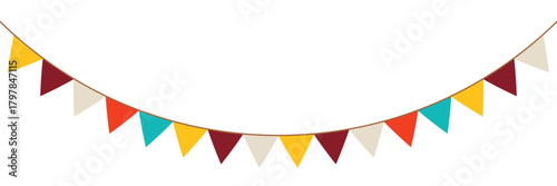 Festive flag garland. Retro bunting in simple style. Flag garlands for party decoration. Carnival bunting with flags. Decorative party pennants for birthday celebration, festival and fair background.