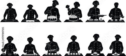 pastry, chef, silhouette, dessert, cake, piping, dough, icing, topping, tray, macaron, garnish, baking, uniform, vector