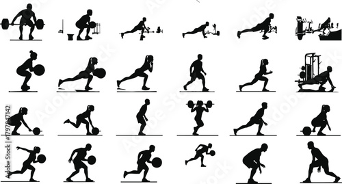 fitness, gym, silhouette, exercise, workout, push-up, squat, lunge, dumbbell, barbell, machine, posture, motion, strength, vector