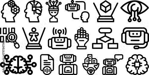 Modern AI and robotics line icons illustrating machine learning, automation, neural networks, and future technology concepts for innovative vector design projects.