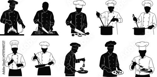 chef, cooking, silhouette, kitchen, food, pan, pot, chopping, stirring, tasting, slicing, uniform, flame, plate, vector