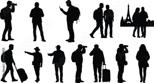 travel, silhouette, tourist, camera, luggage, phone, pointing, walking, backpack, landmark, Eiffel, adventure, exploration, gear, vector