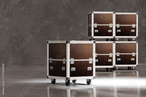 Stacked rolling transport cases with metal frames and caster wheels used for equipment storage, stage production gear, logistics, and professional event transport. Logistics, Event Production 3d image