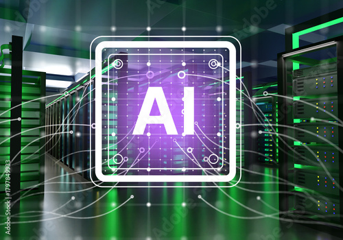 AI processor icon over high-tech server racks showing data processing, machine learning infrastructure, digital computing power, and modern technology. AI, Data Center, IT. 3d image.
