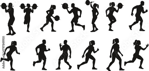 fitness, silhouette, workout, running, barbell, squat, motion, strength, dynamic, jogging, exercise, posture, training, active, vector