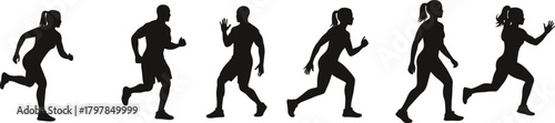 running, jogging, silhouette, athlete, fitness, motion, male, female, stride, posture, workout, dynamic, exercise, active, vector