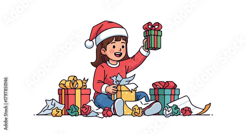 A delighted young girl, wearing a Santa hat, opens Christmas presents with glee.