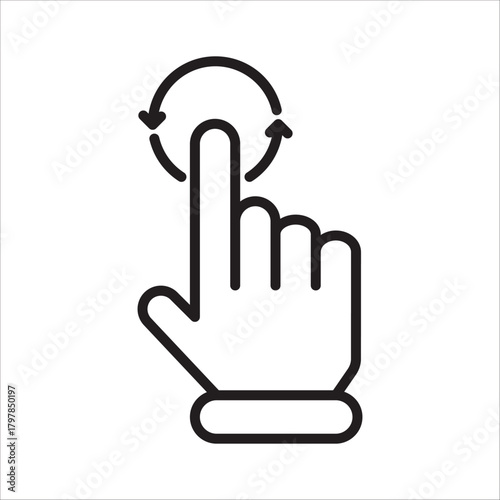 The index finger makes a circular, rotating, or refreshing motion on a touchscreen device, symbolizing rotation, reloading, repeating, or interaction with a digital interface, mobile technology.