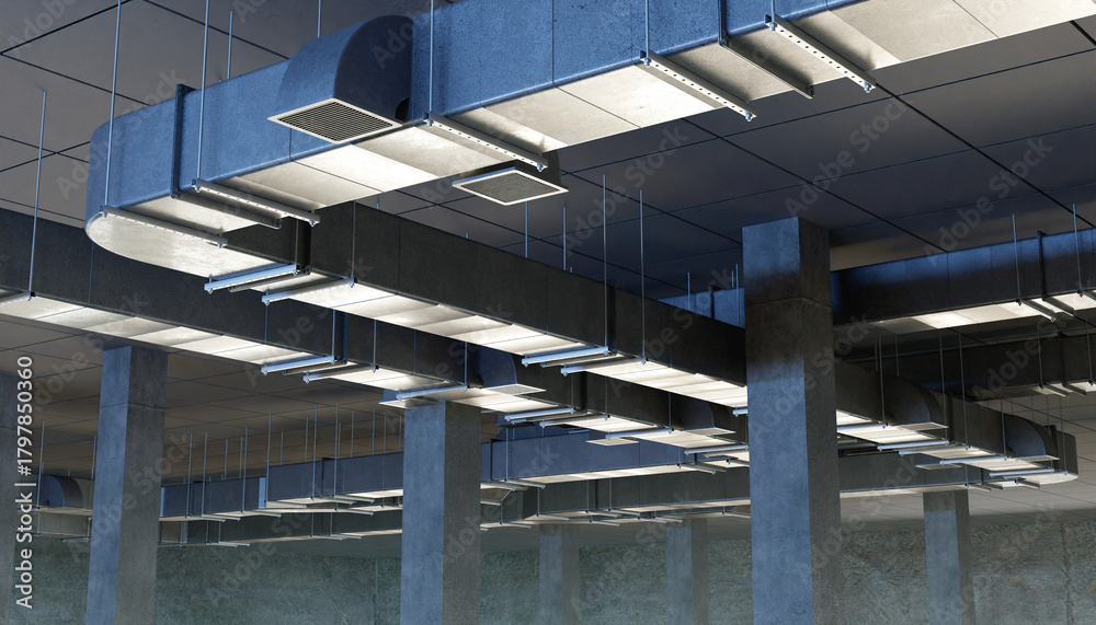 Fototapeta premium Large suspended HVAC air ducts with vents in a modern industrial building, highlighting ventilation, air conditioning, construction and engineering systems. 