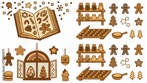 Illustration of a cookbook, gingerbread men, christmas trees, stars, and baking supplies on shelves and trays