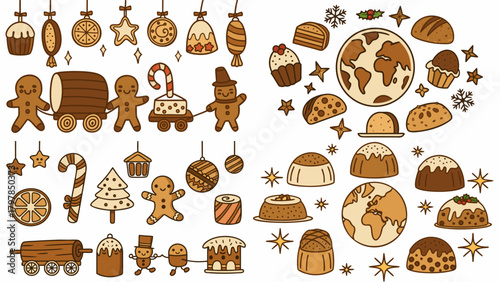 Illustration of christmas themed baked goods and gingerbread figures with festive decorations around it