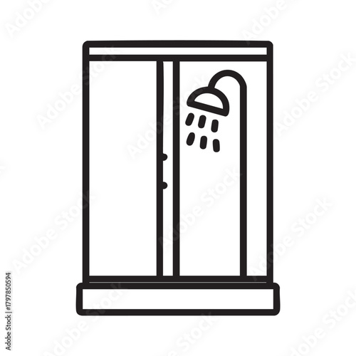 A simple black and white line drawing depicts a modern shower enclosure with a showerhead and door
