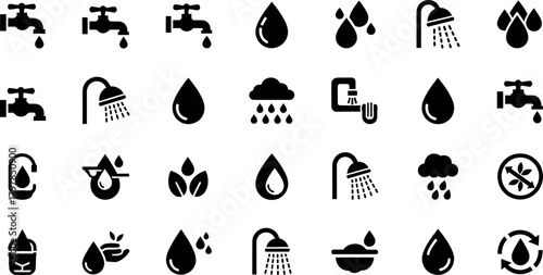 Collection of water related icons featuring taps showers raindrops and droplets for design
